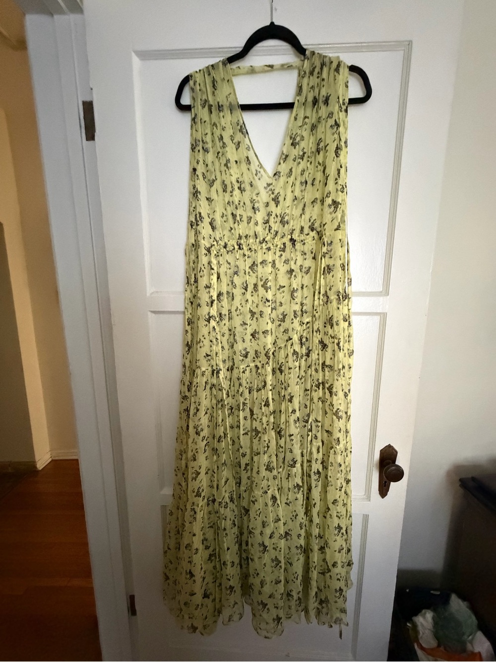 Lee Mathews Pale Yellow Floral V-Neck Maxi Dress
